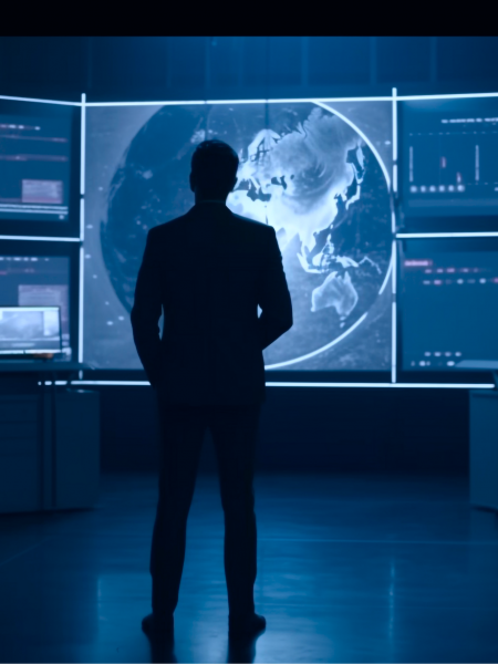 A person viewing globally connected operations on large screens